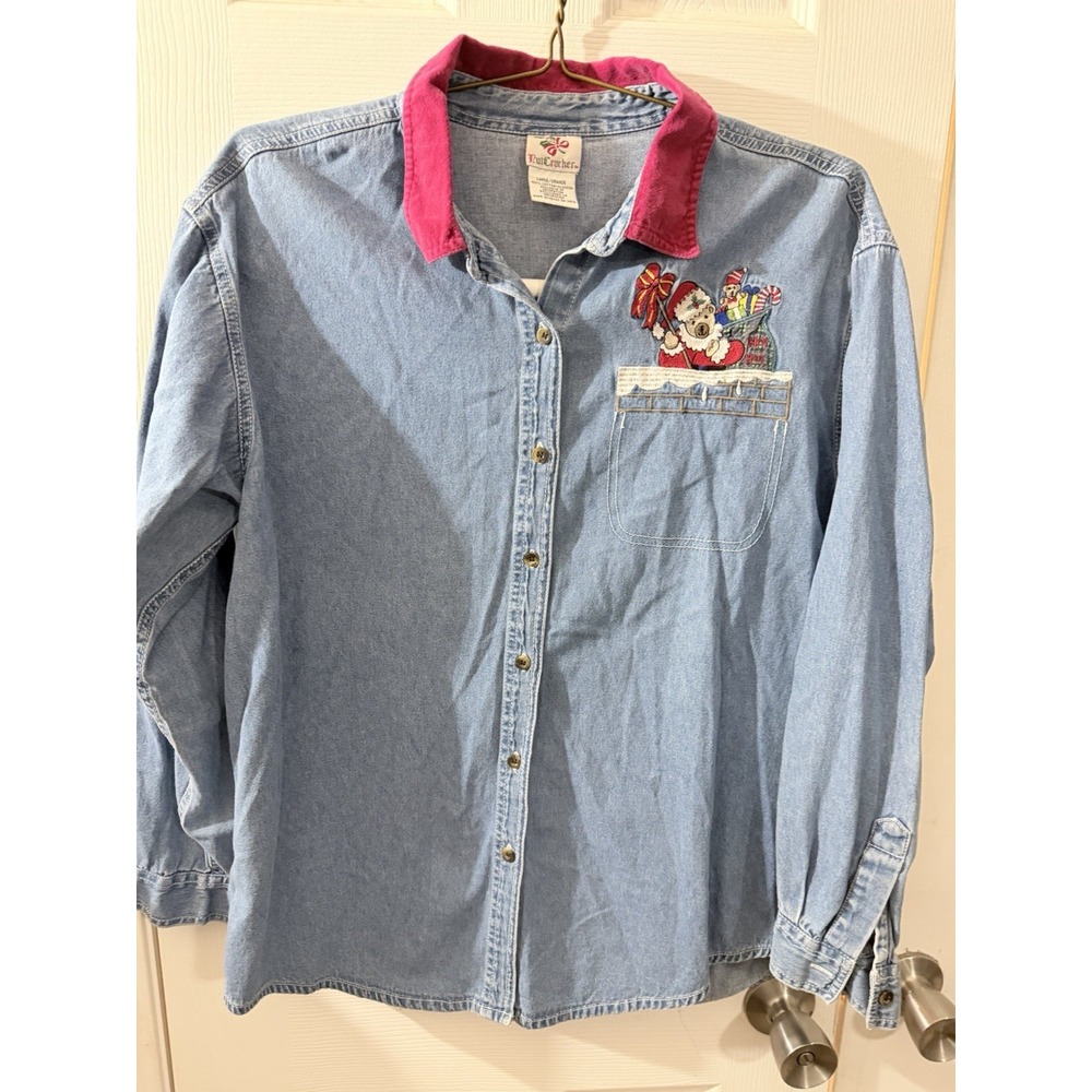 Vintage Nutcracker Embroidered Christmas Denim Button Shirt Size Large